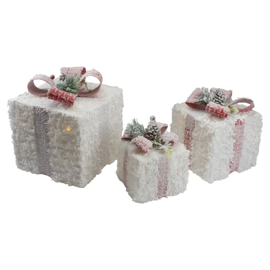 Northlight LED Frosted Rattan Christmas Gift Boxes With Pinecones Set 1 Northlight LED Frosted Rattan Christmas Gift Boxes With Pinecones Set