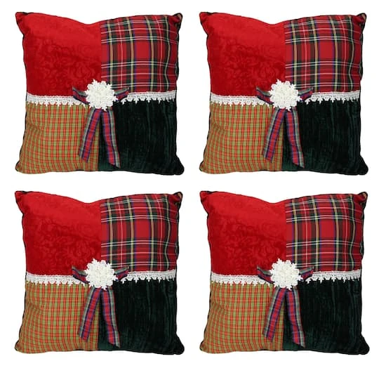 Square Textured Tartan Plaid Velvet Christmas Throw Pillows, 4ct. 1 Square Textured Tartan Plaid Velvet Christmas Throw Pillows, 4ct.