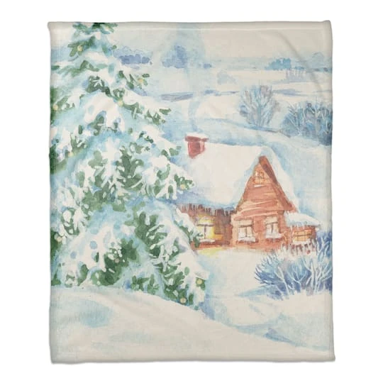 Watercolor Winter Cabin 50x60 Coral Fleece Blanket 2 Watercolor Winter Cabin 50x60 Coral Fleece Blanket - Image 2