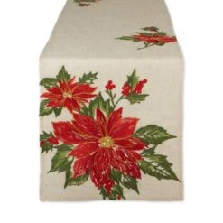 DIIĀ® 70" Cream Poinsettia Holly Embroidered Table Runner
