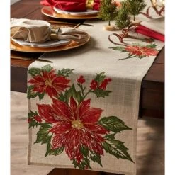 DII® 70" Cream Poinsettia Holly Embroidered Table Runner -Northlight Shop D540119S 3