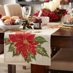 DII® 70" Cream Poinsettia Holly Embroidered Table Runner -Northlight Shop D540119S 5