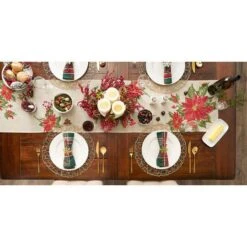 DII® 70" Cream Poinsettia Holly Embroidered Table Runner -Northlight Shop D540119S 7
