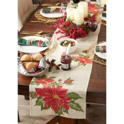 DII® 70" Cream Poinsettia Holly Embroidered Table Runner -Northlight Shop D540119S 8