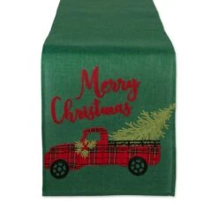 DIIĀ® 70" Green Merry Christmas Truck Embroidered Table Runner