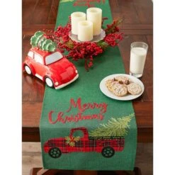 DII® 70" Green Merry Christmas Truck Embroidered Table Runner -Northlight Shop D540120S 5