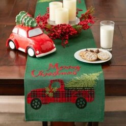 DII® 70" Green Merry Christmas Truck Embroidered Table Runner -Northlight Shop D540120S 8