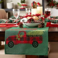 DII® 70" Green Merry Christmas Truck Embroidered Table Runner -Northlight Shop D540120S 9
