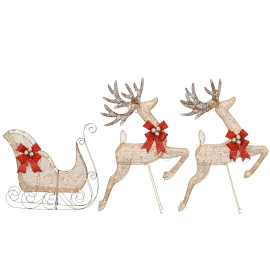 Champagne Reindeer And Sleigh With Clear Lights Decoration 1 Champagne Reindeer And Sleigh With Clear Lights Decoration