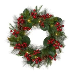 GlitzhomeĀ® 24" Pre-Lit Berry, Magnolia Leaf & Pinecone Wreath