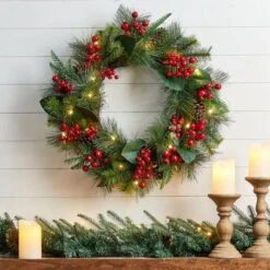 Glitzhome® 24" Pre-Lit Berry, Magnolia Leaf & Pinecone Wreath -Northlight Shop D652251S 2