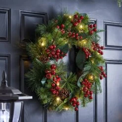 Glitzhome® 24" Pre-Lit Berry, Magnolia Leaf & Pinecone Wreath -Northlight Shop D652251S 4