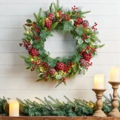 Glitzhome® 24" Pre-Lit Ornament, Berry, Holly & Pine Wreath -Northlight Shop D652252S 2