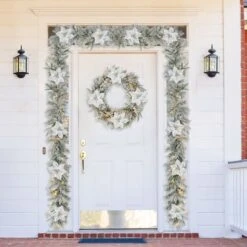 Glitzhome® 24" Pre-Lit Snow Flocked Greenery Pine Poinsettia Christmas Wreath 12 Glitzhome® 24" Pre-Lit Snow Flocked Greenery Pine Poinsettia Christmas Wreath -Northlight Shop D652255S 3