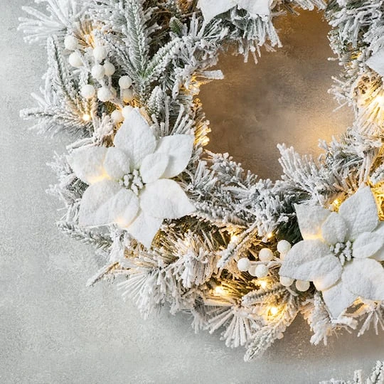 Glitzhome® 24" Pre-Lit Snow Flocked Greenery Pine Poinsettia Christmas Wreath 5 Glitzhome® 24" Pre-Lit Snow Flocked Greenery Pine Poinsettia Christmas Wreath - Image 5
