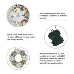 Glitzhome® 24" Pre-Lit Snow Flocked Greenery Pine Poinsettia Christmas Wreath 15 Glitzhome® 24" Pre-Lit Snow Flocked Greenery Pine Poinsettia Christmas Wreath -Northlight Shop D652255S 6