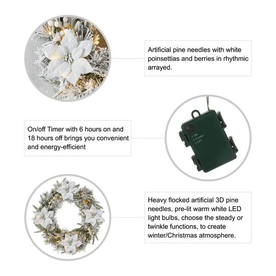 Glitzhome® 24" Pre-Lit Snow Flocked Greenery Pine Poinsettia Christmas Wreath 7 Glitzhome® 24" Pre-Lit Snow Flocked Greenery Pine Poinsettia Christmas Wreath - Image 7