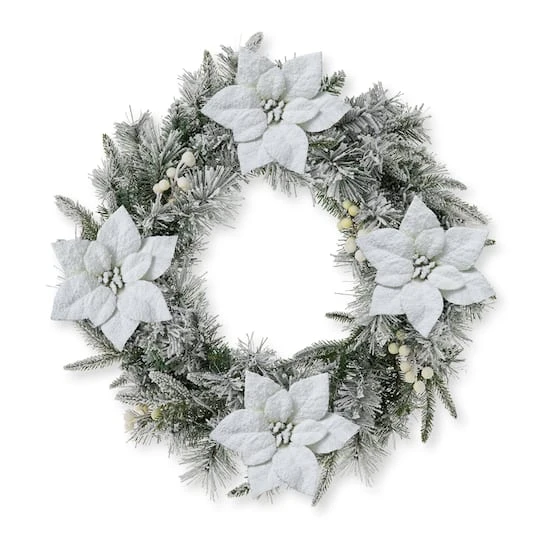 Glitzhome® 24" Pre-Lit Snow Flocked Greenery Pine Poinsettia Christmas Wreath 8 Glitzhome® 24" Pre-Lit Snow Flocked Greenery Pine Poinsettia Christmas Wreath - Image 8
