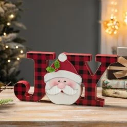 Glitzhome® 11.75'' JOY Wooden Christmas Plaid Table Décor -Northlight Shop D652317S 2