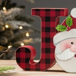 Glitzhome® 11.75'' JOY Wooden Christmas Plaid Table Décor -Northlight Shop D652317S 3
