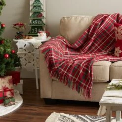 DII® Tartan Holly Plaid Recycled Cotton Throw -Northlight Shop D663091S 5