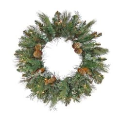 First Traditions⢠24'' Pre-Lit Artificial North Conway Wreath With Glittery Cones And Eucalyptus