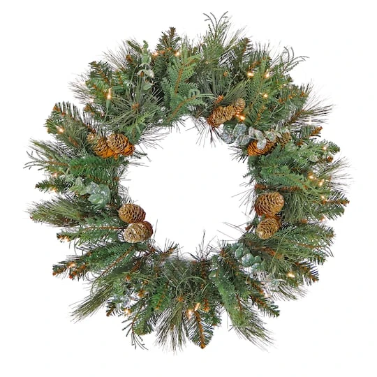 First Traditions™ 30'' Pre-Lit Artificial North Conway Wreath With Glittery Cones And Eucalyptus 1 First Traditions™ 30'' Pre-Lit Artificial North Conway Wreath With Glittery Cones And Eucalyptus
