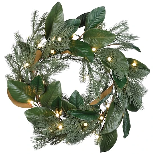 24" Warm White LED Magnolia Mix Pine Wreath 1 24" Warm White LED Magnolia Mix Pine Wreath